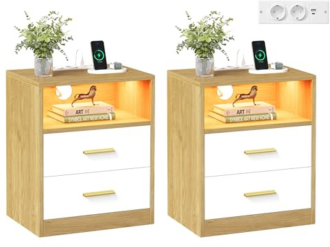 VASAGLE Custos Colección - Juego de 2, Mesita de Noche con Estación de Carga, Luz LED, Mesa Auxiliar con Cajones, Estante Abierto, 2 Tomas CA y Puertos USB, Roble Natural y Blanco Nube LET829YD02