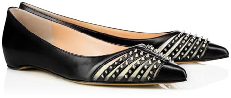 Ballerine da Donna con Punta Affusolata e Borchie, Scarpe Basse in Pelle, Comode e Facili da Indossare con Punta Chiusa, Eleganti Scarpe per Serate Feste e Ufficio,Nero,46 EU