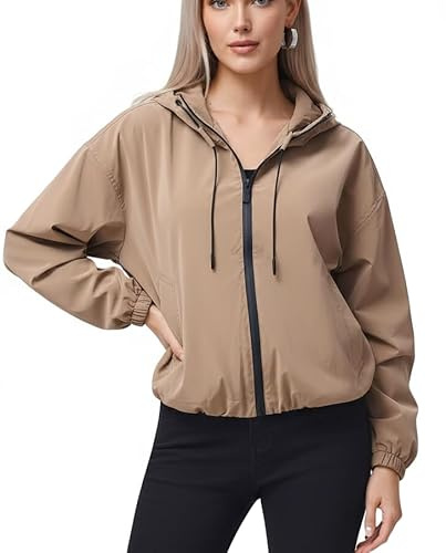 vittorio y Giacca Donna Primaverile Bomber Impermeabile e Antivento, Giubbotto Corto con Cappuccio, Windbreaker Moda Casual (IT, Testo, Taglia unica, Regular, Regular, L/XL, BEIGE)