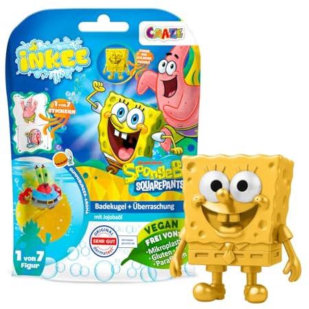 INKEE Bombas de Baño Niños Bob Esponja con Sorpresa, 100 g | Bomba de baño con sorpresa: figura coleccionable + tatuaje, aroma sandía, aceite de jojoba, sin microplásticos