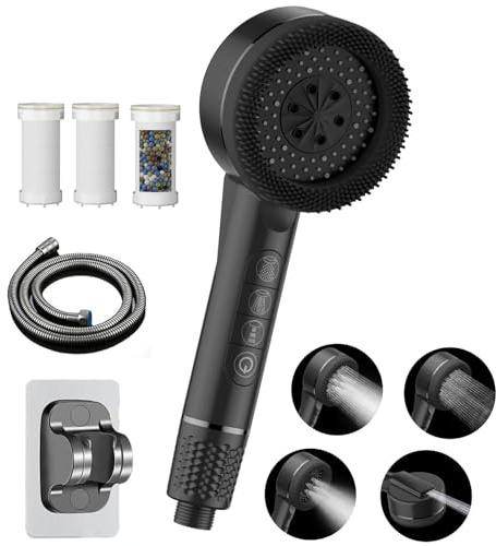 Pommeau de Douche Haute Pression 3+1 Modes, Pommeau de douche Economie avec Bouton Pause - Pommeau de douche Anti Calcaire avec 3 Filtres, Tuyau 1.5M, Support Mural，Idéal pour Eaux Dures (Noir)