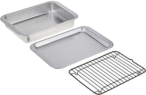Nordic Ware Naturals 3 Piece Compact Pan Set, Toaster Oven, Counter Ovens, Air Fryer and Broiler Safe, Size for 1-2 Portions - Includes Baking Sheet, Broiling Rack and Rectangular Pan