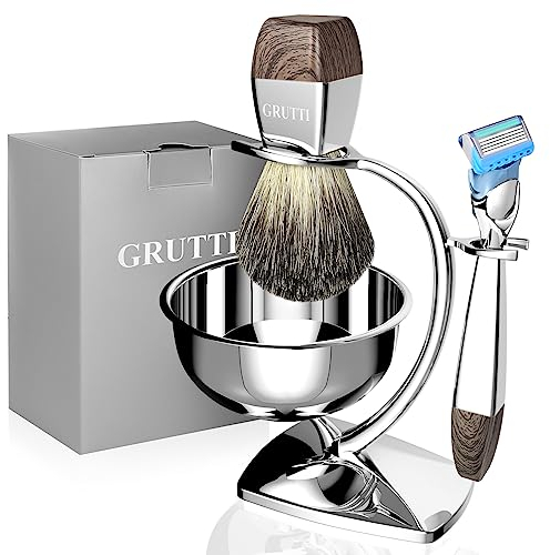 GRUTTI 4-in-1 Rasierset,Rasierhobel Ständer mit Rasierschale, Rasierpinsel Dachshaar Echt, Rasierhobel Nachahmung Holzmaserung(Kompatibel Fusion 5)- Herren Geschenk Set, Geburtstag Vatertag Geschenke