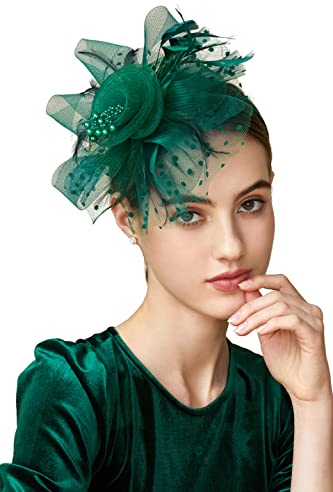 BABEYOND Fascinators Hüte Damen Schleier Stirnband und Einer Gegabelten Clip Tea Party Kopfbedeckung(Dunkelgrün)