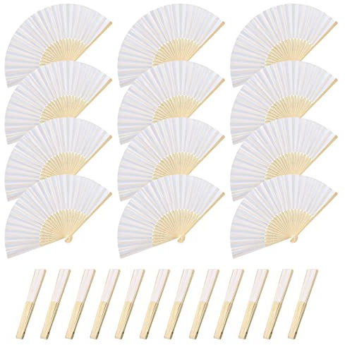 GWHOLE 12 x Abanico Plegable de Mano Bambú Tela Regalo Recuerdo Detalle para Invitados de Boda Fiesta o Baile Arte Madera con Caja Papel para Guardar (Blanco)