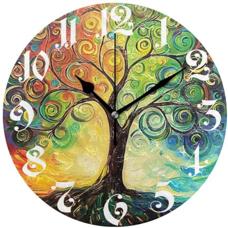 Wamika Wall Clock Tree of Life Rainbow Branch Leaves Seasonal Flowers Round Clock Silent Non Ticking Decorative, Spring Summer Autumn Floral Clocks 10 Inch Battery Operated Quartz Quiet Desk Clock
