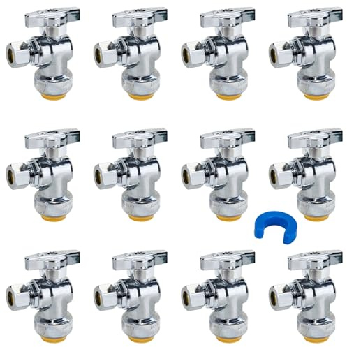 SUNGATOR 12-Pack Angle Stop Valve, Angle Water Shut Off Valve 1/2 x 3/8 Inch Compression, Toilet Water Shutoff, 1/4 Turn, No Lead Brass Push-to-Connect Plumbing Fittings for PEX Pipe, Copper, CPVC