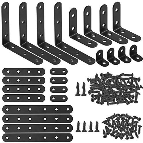Glarks Lot de 134 équerres d'angle noires, 24 supports en forme de L et support plat en métal avec 110 vis pour chaise en bois, bibliothèque, planche, fenêtre, meuble