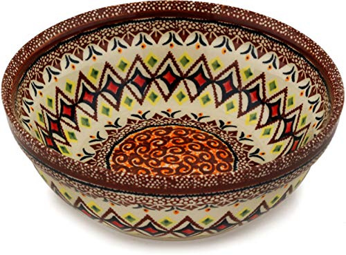Polmedia Polish Pottery Bowl 7-inch UNIKAT - Rustic Diamond Pattern Handmade in Boleslawiec Poland + Certificate of Authenticity
