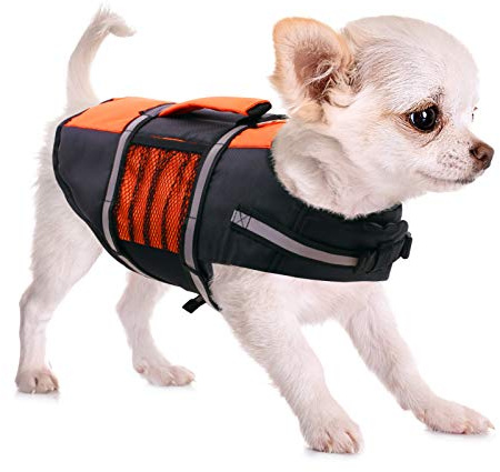 Queenmore Small Dog Life Jacket, Adjustable Pet Life Vest for Small and Medium Dogs with High Buoyancy, Rescue Handle, Reflective Bands for Boating, Canoeing, Swimming