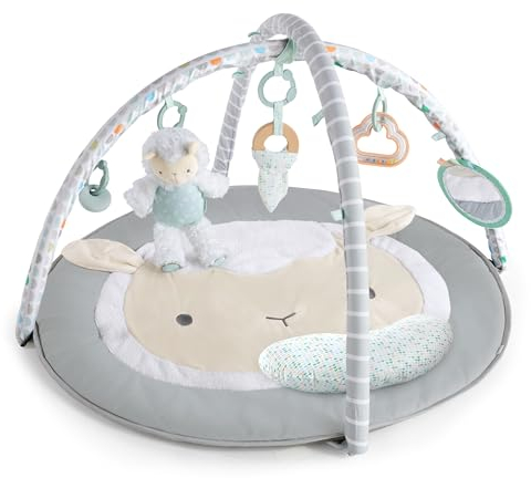 Ingenuity, Manta de juego acolchada Sheppy's Spot, gimnasio de actividades con arco de juegos desmontable, 5 juguetes extraíbles, lavable a máquina, diseño neutro y unisex, gris (12470)