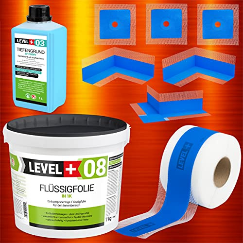 Kit d'étanchéité 7 kg de film liquide, bande d'étanchéité de 5 m, 2 coins intérieurs, 1 coin extérieur, 3 manchettes murales, 1L d'apprêt, douche, salle de bain, cuisine SET342