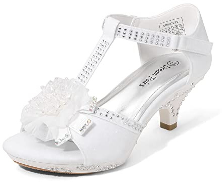 DREAM PAIRS Girls Low Heel Dress Pump Sandal Ankle T Strap Flower White - 4 Big Kid