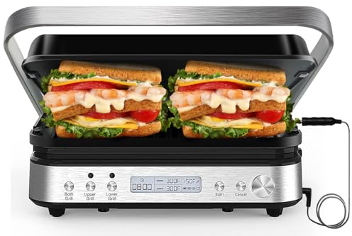 CATTLEMAN CUISINE Panini Press Grill Sandwich Maker with Removable Plates, 1600W, 5 in 1 Smokeless Indoor Grill & Griddle with Meat Thermometer, Electric Contact Grills for Kitchen, Stainless Steel
