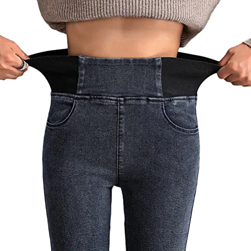Onsoyours Leggings Femme Taille Haute Imitation Denim Jeggings Moulant Jeans Legging Slim Extensible Pantalon de Crayon Gris Foncé M