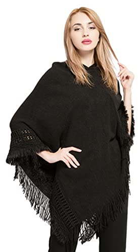 Proumhang Donne con Cappuccio Poncho Maglione,Scialle a Maglia Cape Pullover con Nappe,Scialle da Donna Avvolgere Poncho Cape,Scialli per l'autunno Inverno,Regali per Le Donne Mamma 85cm x 80cm Nero
