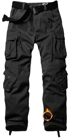 VATINNT Men's Fleece Lined Work Cargo Trousers, Thermal Multi Pockets Camouflage Military Tratical Pants 3358 Black 34