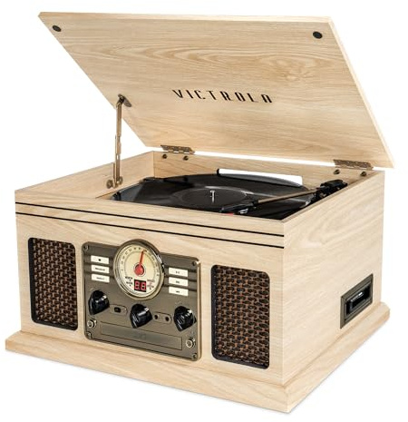Victrola Nostalgic 6-i-1 Bluetooth-skivspelare och mediecenter med inbyggda högtalare, 3-växlad platina, CD-spelare och kassett, FM-radio | Trådlös musikströmning | Naturlig
