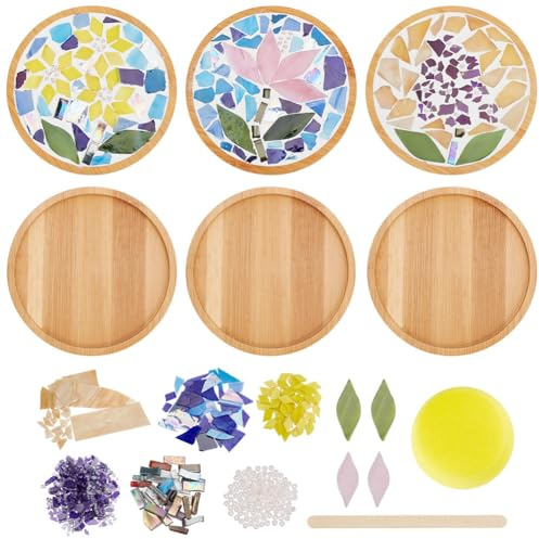 WEBEEDY 3 Set Kit de Artesanía de Mosaico para hacermismo posavasos de bambú de mosaico de flores Azulejos de mosaico de vidrio de color mixto con base de posavasos redonda