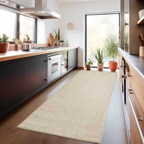Carpetsale24 Teppich 80x250 cm Beige, Langer Schlingenflor Läufer für Flur oder Küche, Einfarbig & Pflegeleicht, Weich & Modern