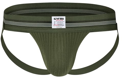 GYM Mens Old School Jockstrap with 2 Waistband (Army Green, Large)