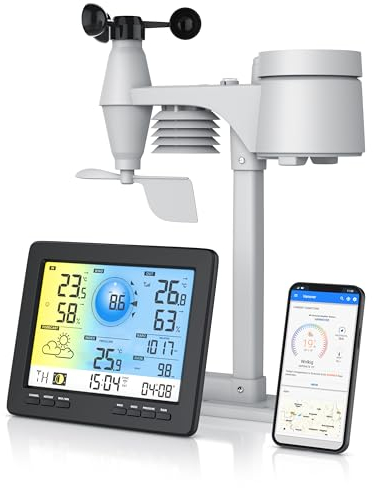 Brandson - Wlan Wetterstation mit 5 in 1 Außensensor – LCD Farbdispay - Wetterdaten per App WiFi Smart - Wettervorhersage - Innen und Außentemperatur – Windmesser und Regensensor - Windrichtung
