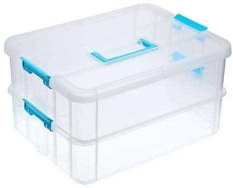 IGNPION 2-Tier Stackable Storage Box Clear Art & Craft Storage Containers with Carry Handle, Mulit Purpose Storage Organiser Box for Nail Varnish,Teaching Aid, Sewing Accessories, Dlue