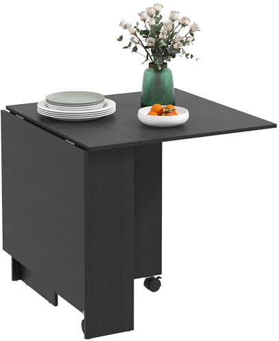 HOMCOM Tavolo Pieghevole con Ruote, Tavolo da Pranzo di Design, Richiudibile Salvaspazio, Design Moderno, con Ruote, Ripiani Portaoggetti, 140 × 80 × 74cm, Nero
