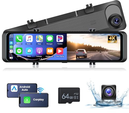 Hodozzy Espejo Retrovisor Coche Dash CAM Cámara,11.26 Pulgadas Pantalla Táctil Radio Monitor CarPlay Android Auto,Cámaras Visión Frontal y Trasera Visión Nocturna,Bluetooth,AUX/FM/WIFI/GPS+64G TF Card