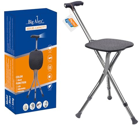 BigAlex Bastón plegable de aleación con asiento, bastón ligero ajustable con asiento, asiento LED para mujeres/hombres, correa cómoda y 3 patas antideslizantes, bastón para ancianos, negro