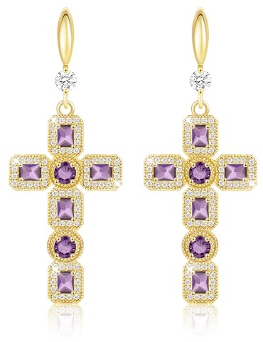 Linawe Boucles d'oreilles en forme de croix, boucles d'oreilles suspendues en or, bijoux pour femmes, améthystes, strass, bijoux tendance, boucles d'oreilles suspendues, pendentifs en forme de croix