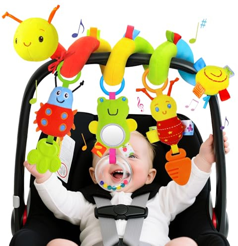 YELUFT Baby Pram Toys 0-6 Months,Newborn Spiral Pram Car Seat Toy for Babies 0-6 Months Hanging Pushchair Activity Sensory Soft Plush Toys for 0 3 6 9 12 Months Baby Girls Boys Gift
