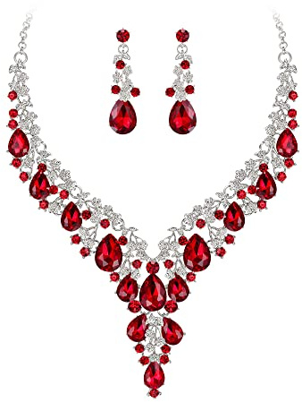 Clearine Wedding Bridal Jewellery, Teardrop Rhinestone Cluster Prom Costume Statement Necklace Dangle Earrings Set for Women Ruby Silver-Tone