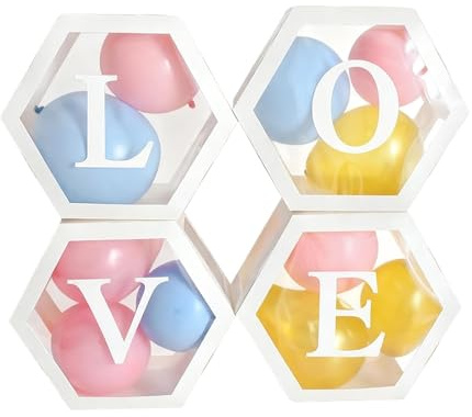 Scatola Baby Shower Decorazioni,Scatole per Palloncini Trasparenti Decorazione per Baby Block con Lettera per Feste di Primo Compleanno Matrimoni, Compleanni, Baby Shower,4PC(Esagonale)