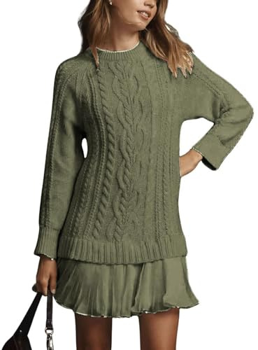 WINKEEY Robe Pull Femme en Maille Torsadée Manches Longues Robe Courte Elégante avec Jupe Plissée en Chiffon, Vert 3XL