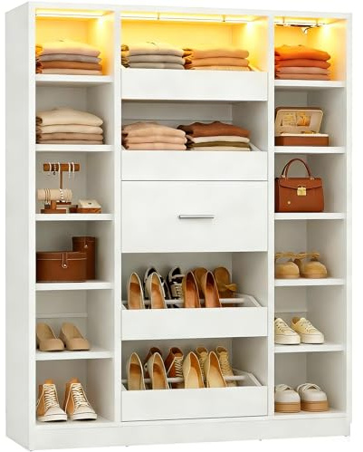 Besiost 40 Closet System with LED Lights, Wooden Closet Organizer System with Drawers & Shelves, Versatile Closet Storage Tower for Walk-in Closets, Shoe Rack and Handbag Storage Cabinet, White