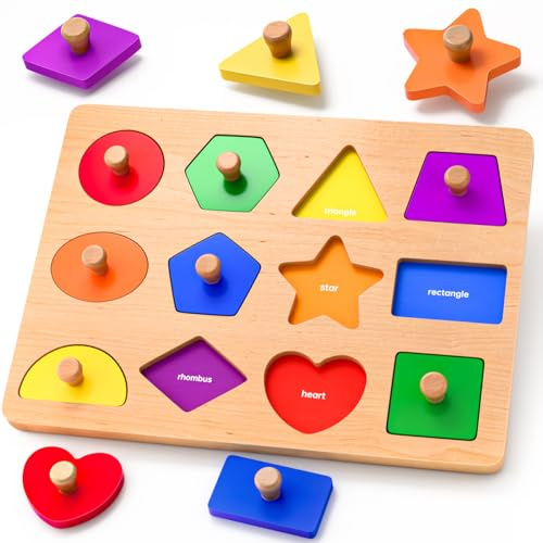 Wooden Shape Sorter Peg Puzzle for 1 2 3 Year Olds Toddlers | 12 Chunky Baby Puzzles With Easy-Grip Pegs - Fine Motor Skills - Shape & Color Match - Montessori Toy for 1-3 Year Old