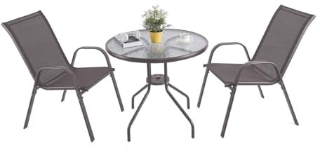 URBNLIVING 3 Piece Garden Bistro Set Round Glass Top Table & 2 Textilene Chairs Outdoor Patio Balcony Furniture Weather Resistant Metal Seating - Brown
