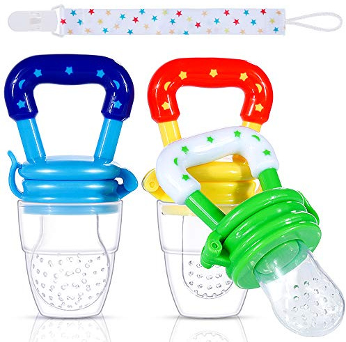 Faburo 4pcs Baby Food Fresh Fruit Feeder Pacifier Set: 3pcs Pacifier Feeder Teething Toy Teether and 1pcs Pacifier Clips for Baby, Weaning Dummies