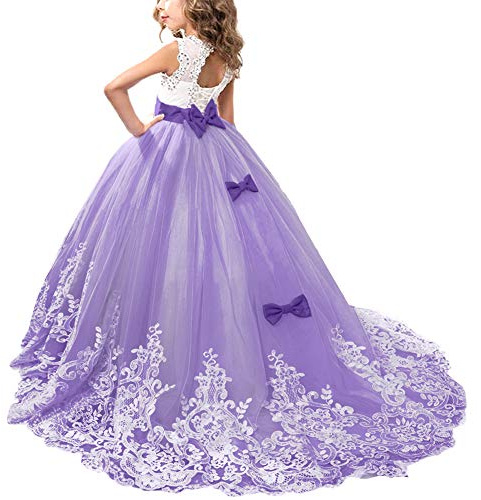 FYMNSI Vestito da Prima Comunione per Bambini Ragazza di Fiori Maxi Abito Lungo Tulle Vintage Pizzo Principessa Senza Maniche Abito da Cerimonia Formale Nuziale Damigella d'Onore Porpora 10-11 Anni