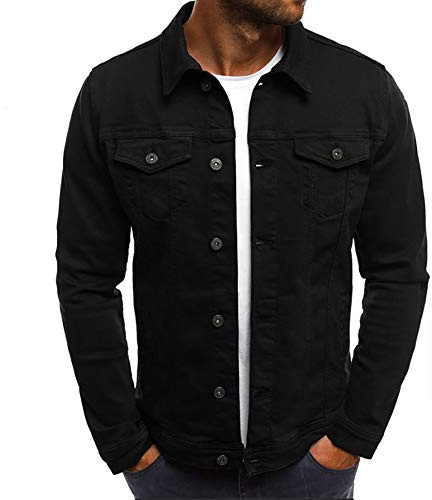 LONGBIDA Men's Casual Classic Denim Jacket Slim Fit Jean Coat(Black,Medium)