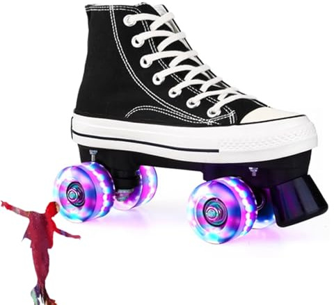 Wing Patines 4 Ruedas - Quad Patines Disco con 4 Ruedas, Doble Fila LED Patín de Ruedas Patines de Ruedas para Hombres, Mujeres, niños y Adultos,Negro,38