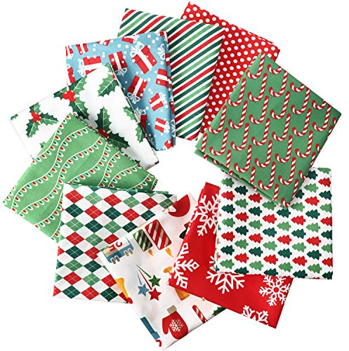 10 Tessuto Cotone Natale Quadrati Tessuto Trapuntato Pretagliato Patchwork Stampa Fiocchi di Neve Natale Rosso Verde Tessuto per Cucito Artigianato DIY (50 x 50 cm/ 19,68 x 19,68 Pollici)
