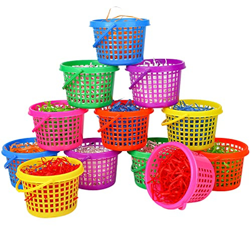 VEYLIN 12 Easter Egg Hunt Baskets with Handles Colorful Plastic Easter Gift Baskets with 60g Raffia Filling for Easter Theme Garden Party Favors, Easter Eggs Hunt, Easter Goodies Goody
