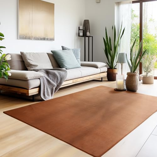 HomebyHome Teppich Wohzimmer 140x200 cm Braun Waschbarer Kurzflor Teppiche Einfarbig Moderne Design Küchenteppich Waschbar rutschfest Extra Weich Flauschiger für Schlafzimmer, (HH-SKY1402005400BROWN)