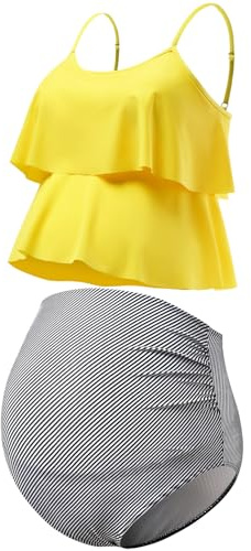 GINKANA Women’s Maternity Tankini Set Double Ruffle Hem High Waisted Swimsuits 2 Pieces Adjustable Straps Pregnancy Swimwear,Yellow+Diagonal Stripe,S