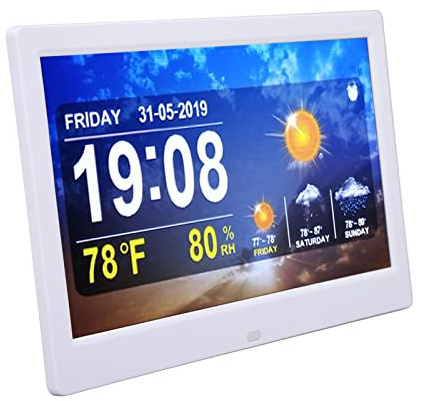 Lazmin112 Orologio Meteorologico WIFI da 10 Pollici, Data e Ora Bianca, Temperatura, umidità, Display, Sveglia per Anziani con Telecomando, Foto, Video, Riproduzione Musicale, Miglior