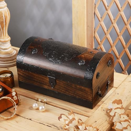 Ajuny Handgefertigte Schatztruhe aus Holz im Piratenstil – Vintage Andenken und Dekorative Aufbewahrungsbox mit Muschelstreifen Schmuck und Schmuck Organizer Heimdekoration Geschenk 11x6 Zoll