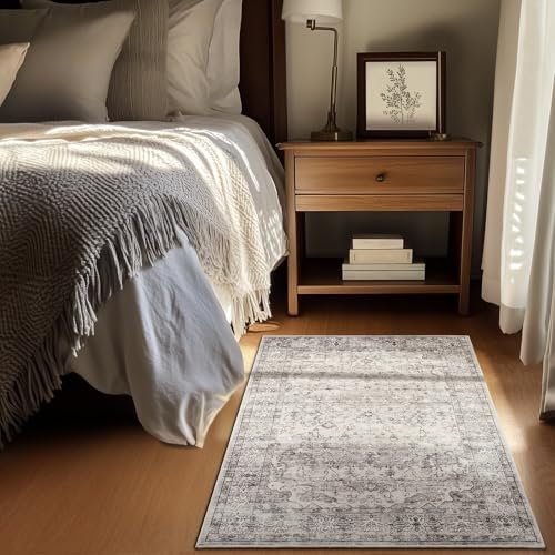 Topfinel Area Rugs for Bedroom 80x150cm, Grey Vintage Design Washable Short Pile Carpet for Bedside with Anti Slip Backing for Kitchen, Hallway