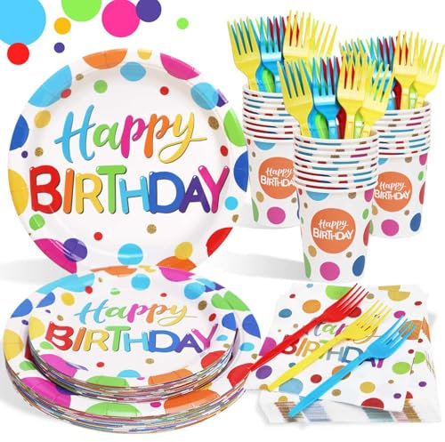 Heboland Pappteller Kindergeburtstag bunt Polka Dot Design Partygeschirr Set Geburtstag 100pcs Pappteller Pappbecher Servietten für Erwachsene Jungen Mädchen Geburtstagsdeko, 25 Gäste
